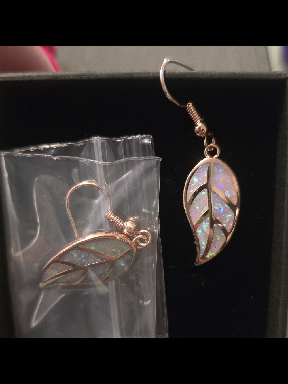 Rose Gold Leaf Dangle Earrings with Opal Inlay